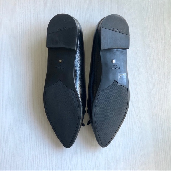 Prada Black Saffiano Leather Bow Pointed Toe Flats - Picture 7 of 8